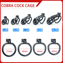 Lade das Bild in den Galerie-Viewer, Black Stripe Mamba Chastity Cage Kit 1.77 To 4.13 Inches dimensions showing 51mm, 49mm, 46mm