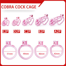 Lade das Bild in den Galerie-Viewer, Pink Stripe Mamba Chastity Cage Kit 1.77 To 4.13 Inches dimensions showing 51mm, 49mm, 46mm