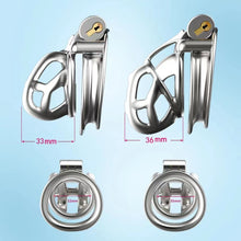 Load image into Gallery viewer, Metal Mamba Chastity Cage 6.0 dimensions showing 33mm, 36mm