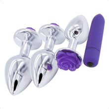 Load image into Gallery viewer, Purple Rose Metal Butt Plug and Vibrator BDSM