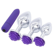 Load image into Gallery viewer, Purple Rose Metal Butt Plug and Vibrator BDSM