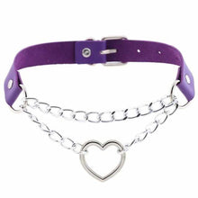 Charger l'image dans la galerie, Collier ras du cou en cuir avec cœur enchaîné