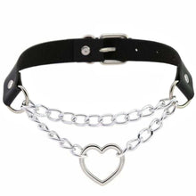 Charger l'image dans la galerie, Collier ras du cou en cuir avec cœur enchaîné