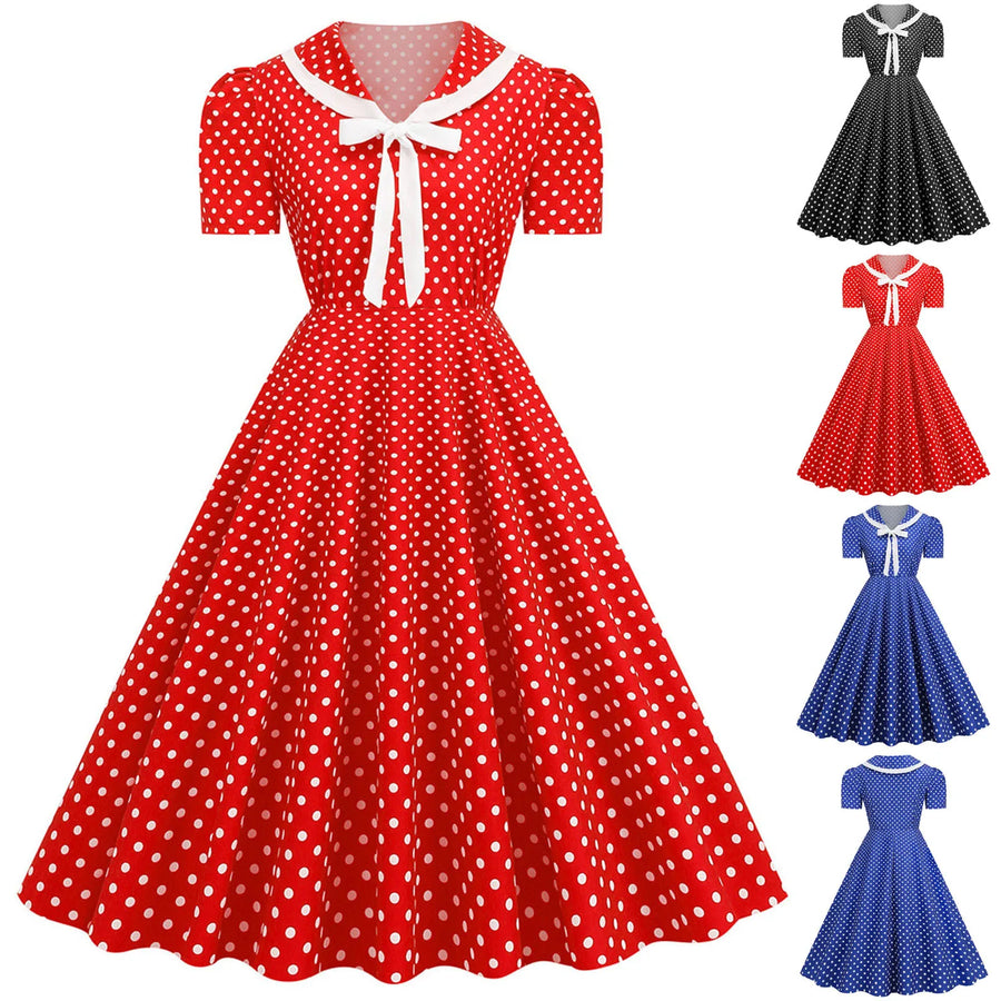 V Neck Polka Dot Printed Vintage Dresses, gallery view 2