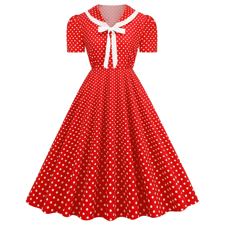 V Neck Polka Dot Printed Vintage Dresses product view