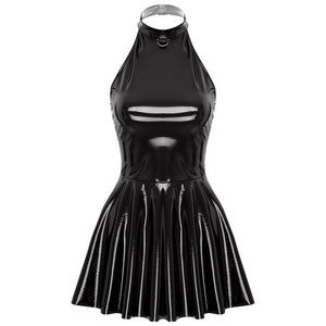 Glanzleder Kleid Latex Neckholder Ärmellos 