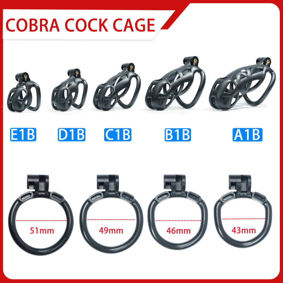 Black Mamba Chastity Cage Kit 1.77 To 4.13 Inches Long dimensions showing 51mm, 49mm, 46mm