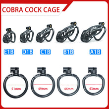 Lade das Bild in den Galerie-Viewer, Black Mamba Chastity Cage Kit 1.77 To 4.13 Inches Long dimensions showing 51mm, 49mm, 46mm
