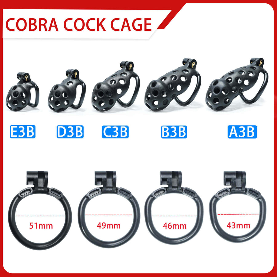 Black Hole Mamba Chastity Cage Kit 1.77 To 4.13 Inches dimensions showing 51mm, 49mm, 46mm