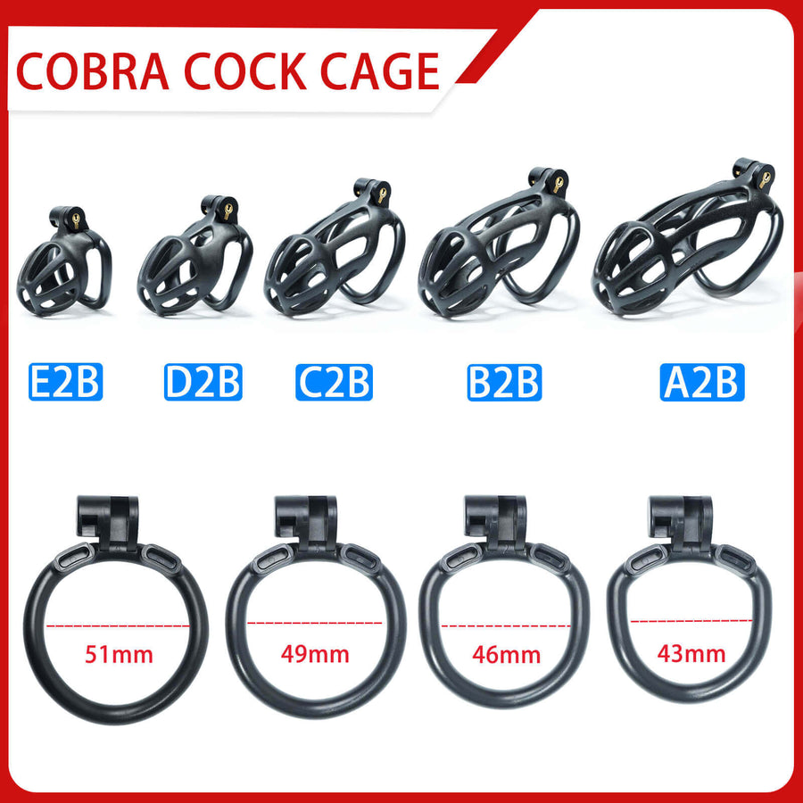 Black Stripe Mamba Chastity Cage Kit 1.77 To 4.13 Inches dimensions showing 51mm, 49mm, 46mm
