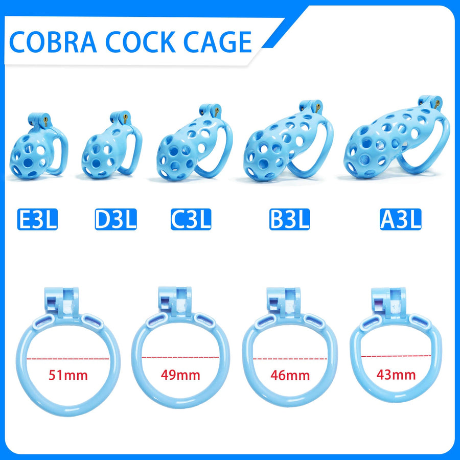 Blue Hole Mamba Chastity Cage Kit - 1.77 to 4.13 dimensions showing 51mm, 49mm, 46mm