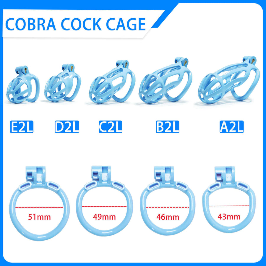 Blue Stripe Mamba Chastity Cage Kit 1.77 To 4.13 Inches dimensions showing 51mm, 49mm, 46mm