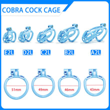 Lade das Bild in den Galerie-Viewer, Blue Stripe Mamba Chastity Cage Kit 1.77 To 4.13 Inches dimensions showing 51mm, 49mm, 46mm
