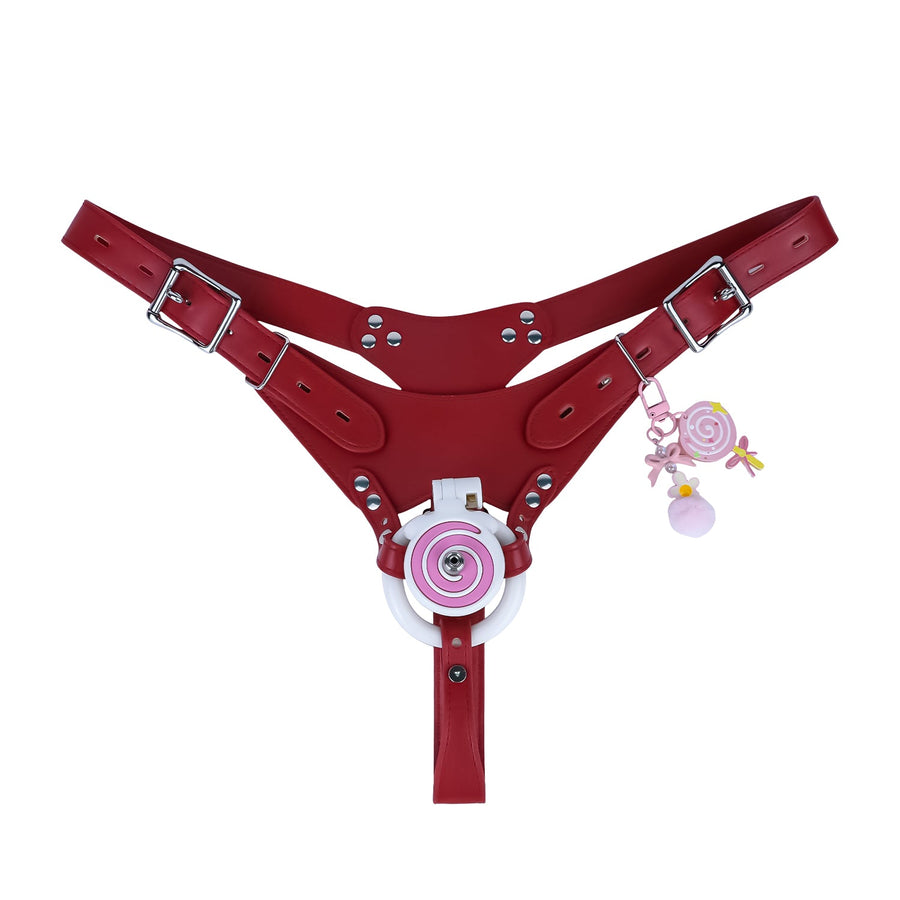 Pink and white cage with catheter and red belt