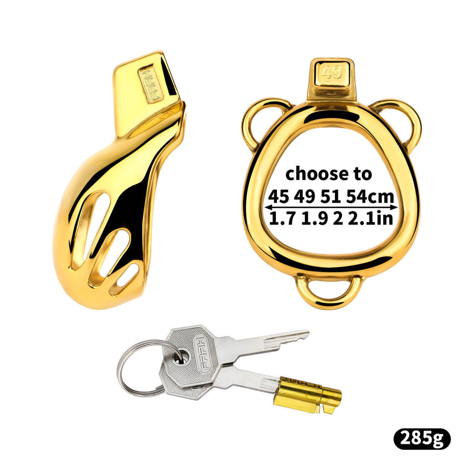 Golden Short Smooth Stainless Steel Mamba Cage with Belt dimensions showing 5154cm