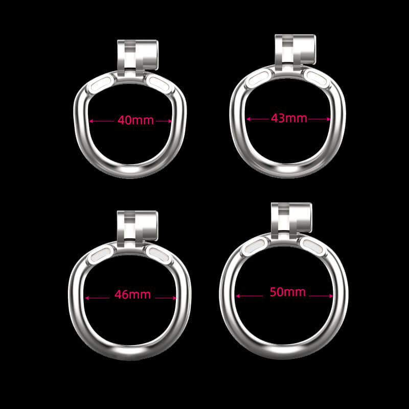 Micro and Tight Mamba Chastity Cage dimensions showing 40mm, 43mm, 50mm