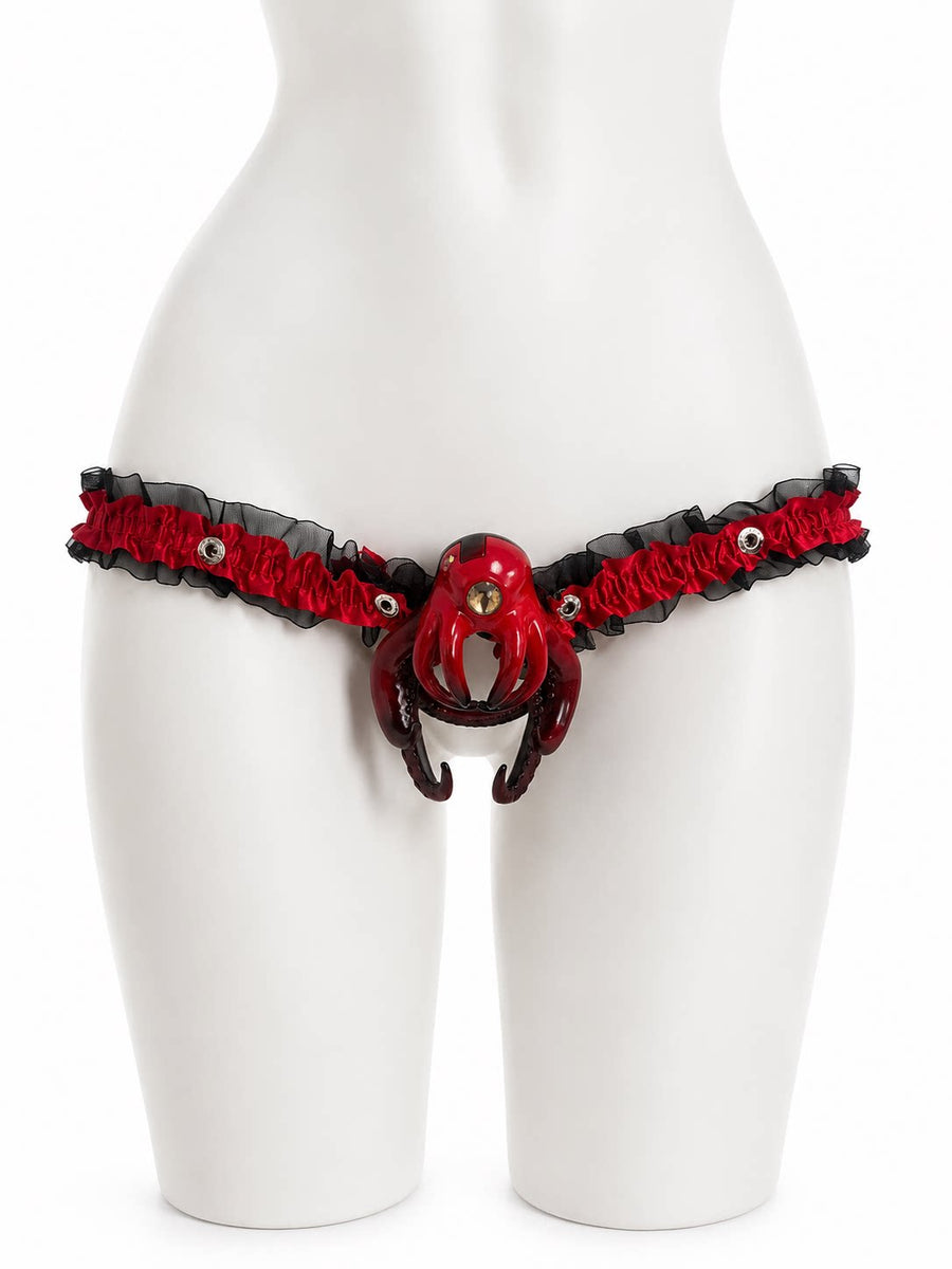 Black & Red Lace elastic support strap shown from the front on a display mannequin; cage not included