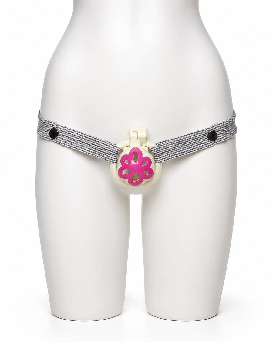 Grey Houndstooth elastic support strap shown from the front on a display mannequin; cage not included
