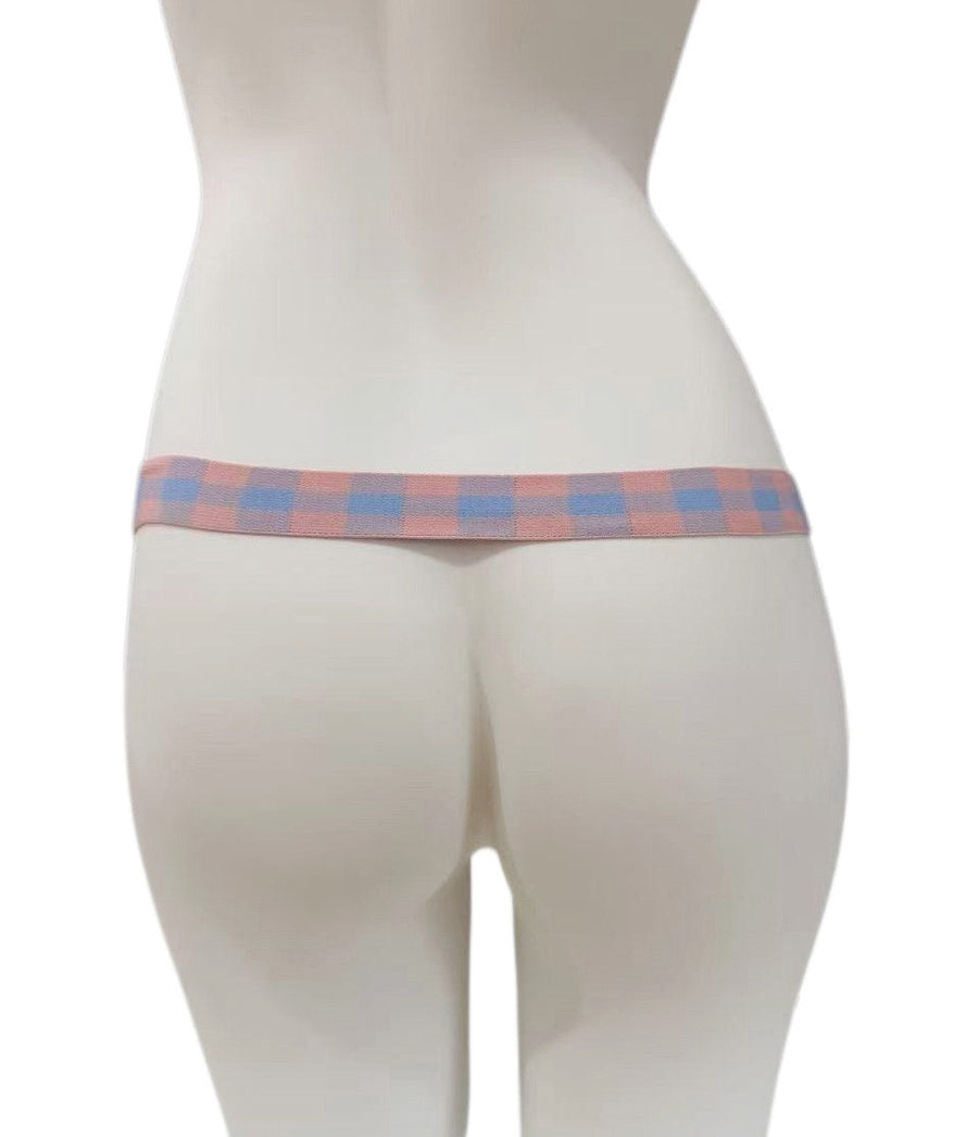 Pink blue check support strap shown from the rear on a display mannequin