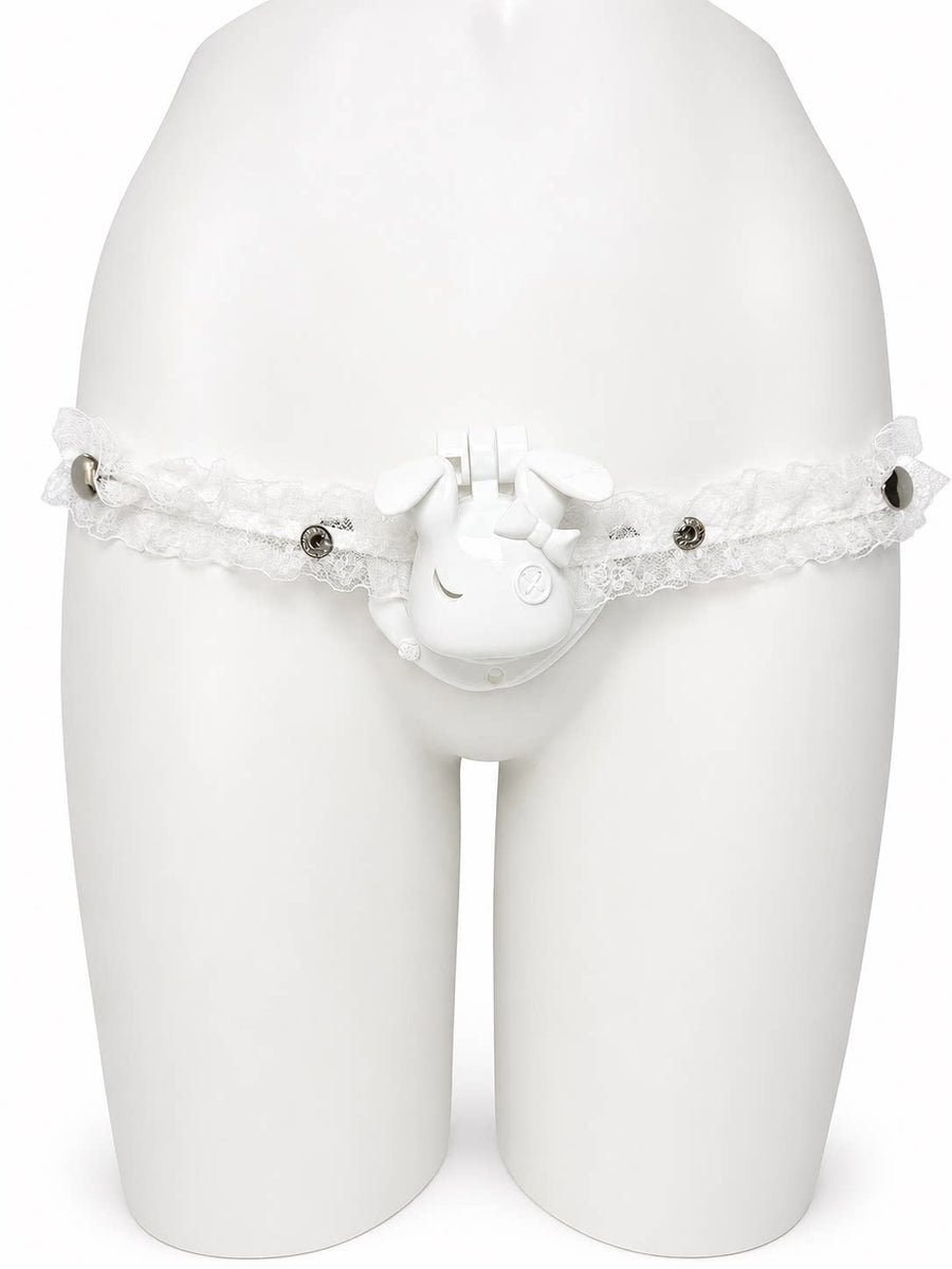 White Lolita Lace elastic support strap shown from the front on a display mannequin; cage not included