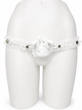 Charger l'image dans la galerie, White Lolita Lace elastic support strap shown from the front on a display mannequin; cage not included
