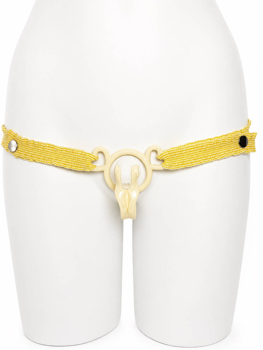 Yellow Houndstooth elastic support strap shown from the front on a display mannequin; cage not included
