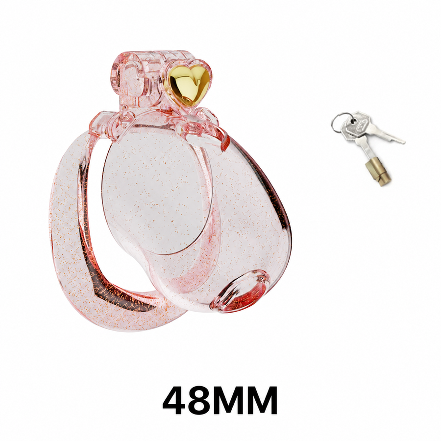 Transparent pink heart chastity cage with 48 mm ring
