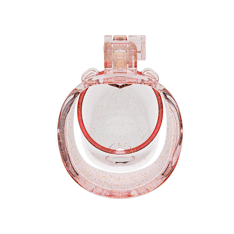 Transparent pink heart chastity cage, rear opening view
