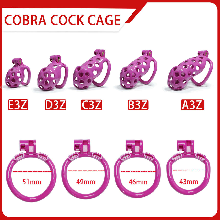 Purple Hole Mamba Chastity Cage Kit 1.77 To 4.13 Inches dimensions showing 51mm, 49mm, 46mm