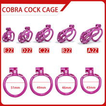 Lade das Bild in den Galerie-Viewer, Purple Stripe Mamba Chastity Cage Kit 1.77 To 4.13 Inches dimensions showing 51mm, 49mm, 46mm
