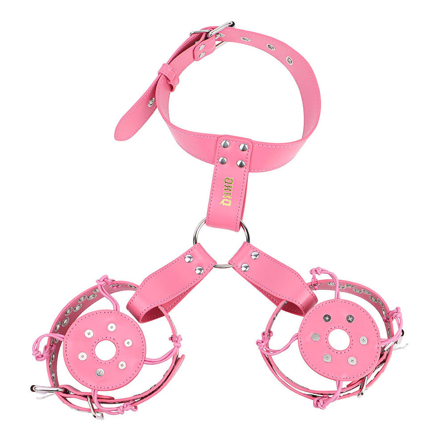 Pink harness collar with two circular riveted covers attached