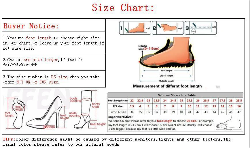 Sissy high heel and sandal size guide