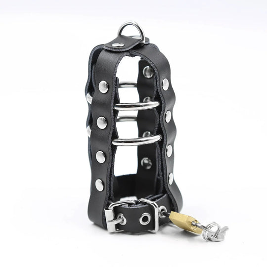 Black leather chastity cage front view with metal rings, buckle strap and padlock