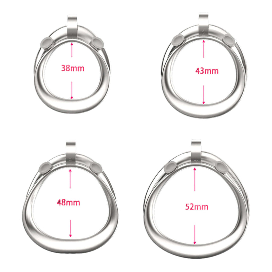 Metal Mamba Chastity Cage 6.0 dimensions showing 38mm, 43mm, 48mm