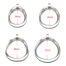 Load image into Gallery viewer, Metal Mamba Chastity Cage 6.0 dimensions showing 38mm, 43mm, 48mm
