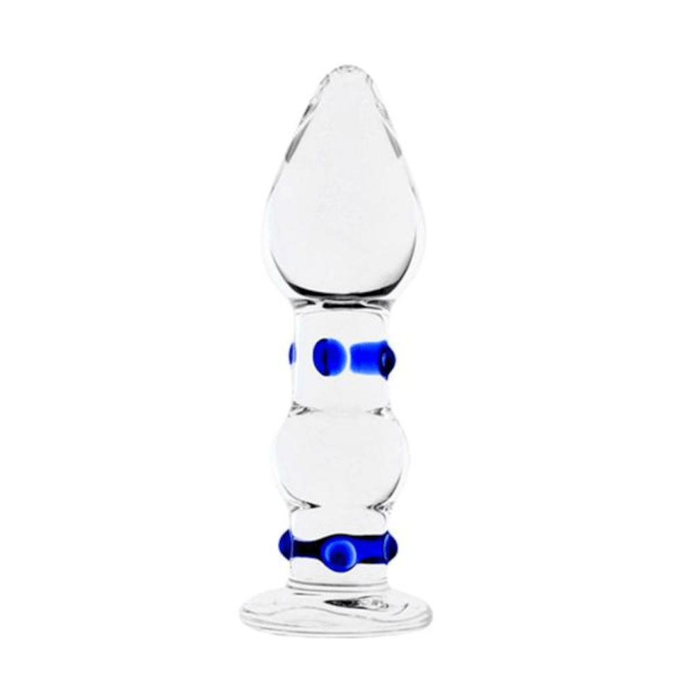 Stylischer blau gepunkteter Glas-Buttplug BDSM