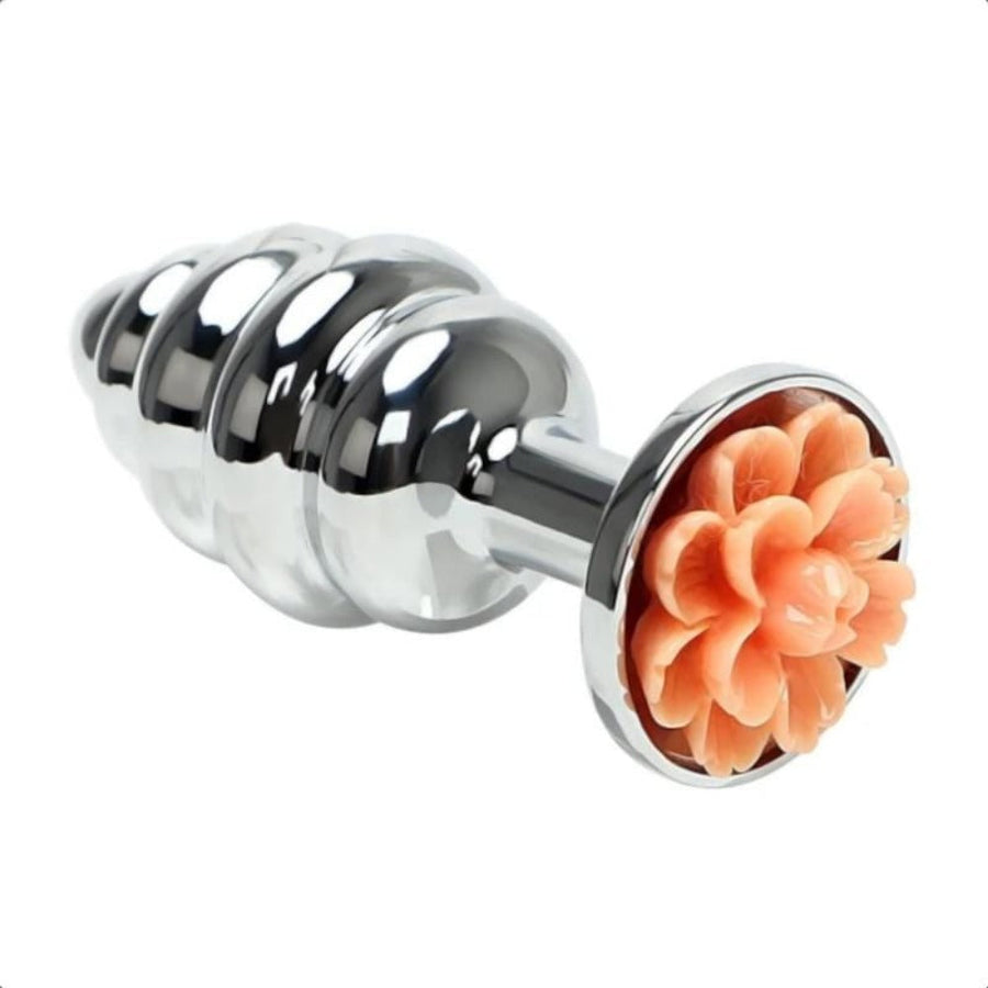 Shiny Ribbed Flower Metal Butt Plug, gallery view 3