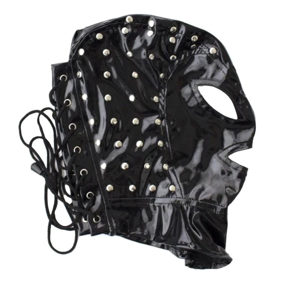 Studded Wet Look Leather Mask BDSM, gallery view 5