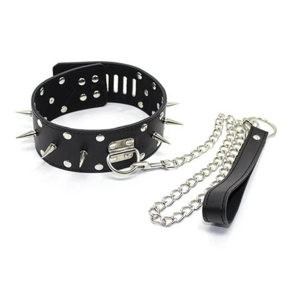 Leather Black Barbed Collar With Leash