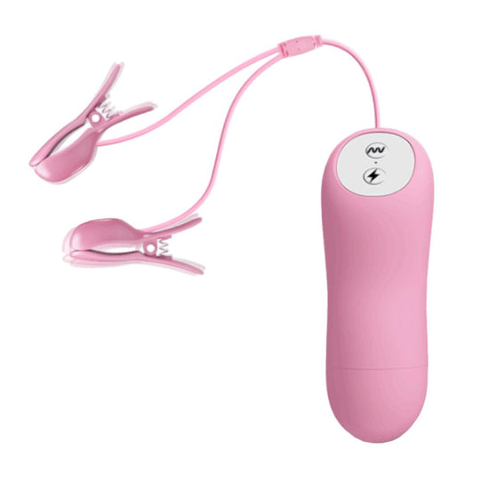 BDSM Pink Vibrating Electro Nipple Clamps Set product view