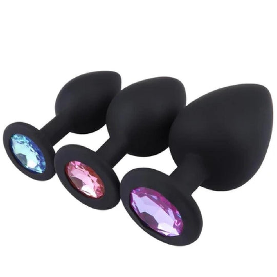 Black Silicone Jeweled Butt Plug Set BDSM product view