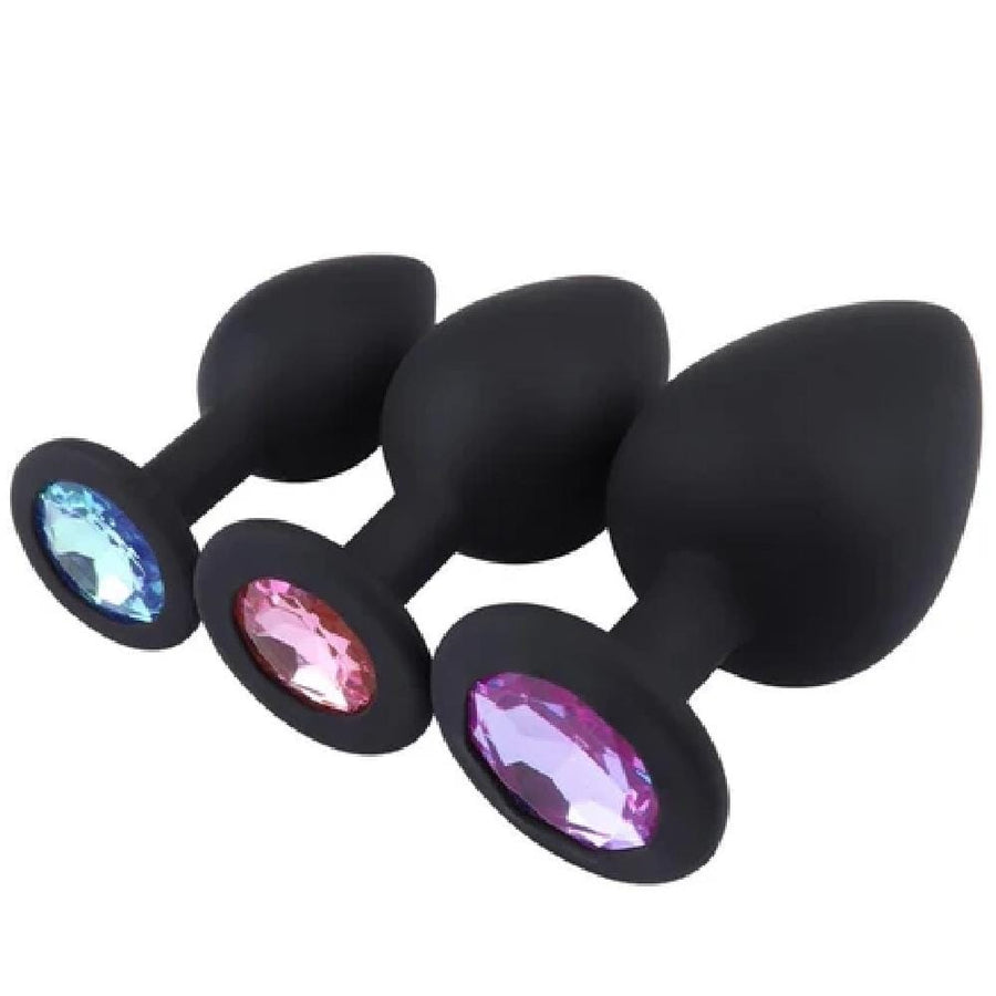 Black Silicone Jeweled Butt Plug Set BDSM product view