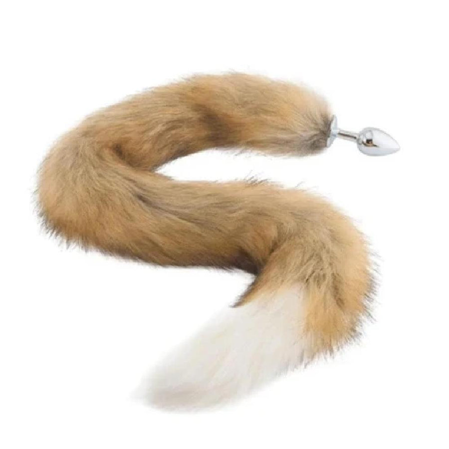 BDSM Stainless Steel Butt Plug With 32-Inch Brown and White Fox Tail, gallery view 2
