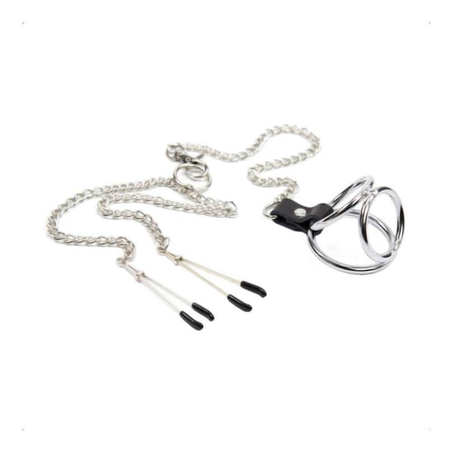 Stainless Metal Cock and Ball Ring With Nipple Clamps BDSM product view