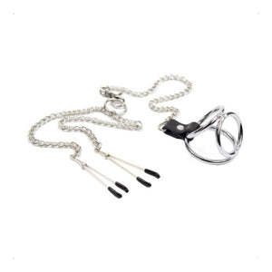Stainless Metal Cock and Ball Ring With Nipple Clamps BDSM