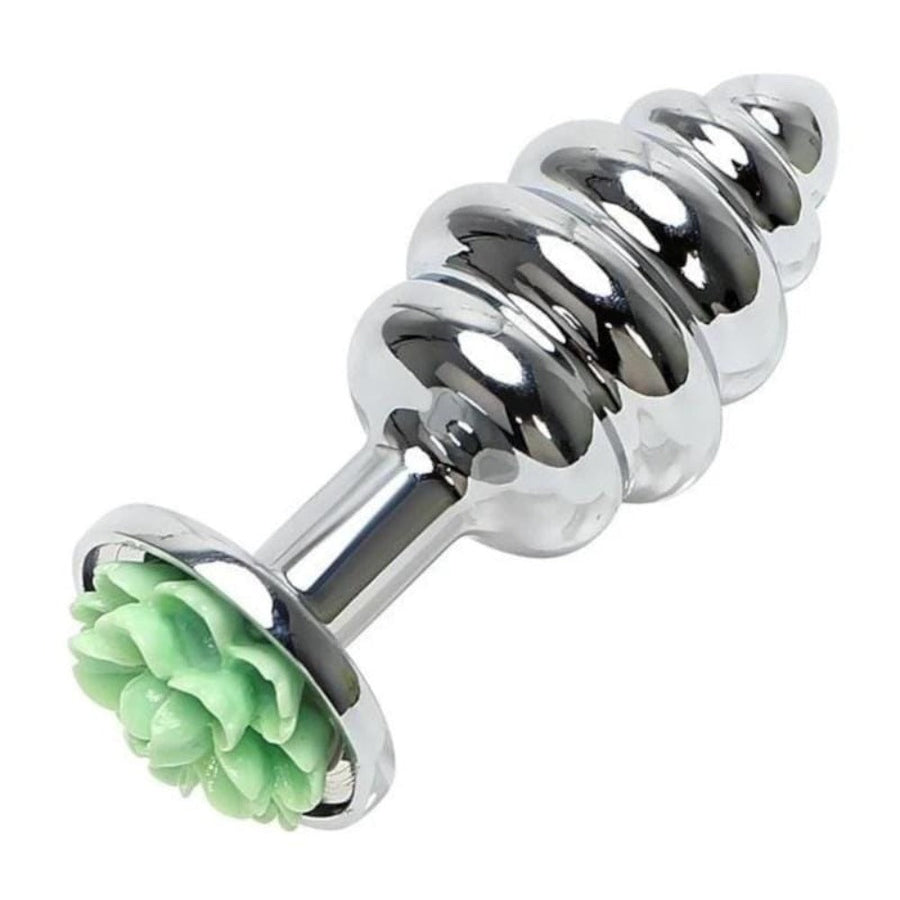 Shiny Ribbed Flower Metal Butt Plug, gallery view 5
