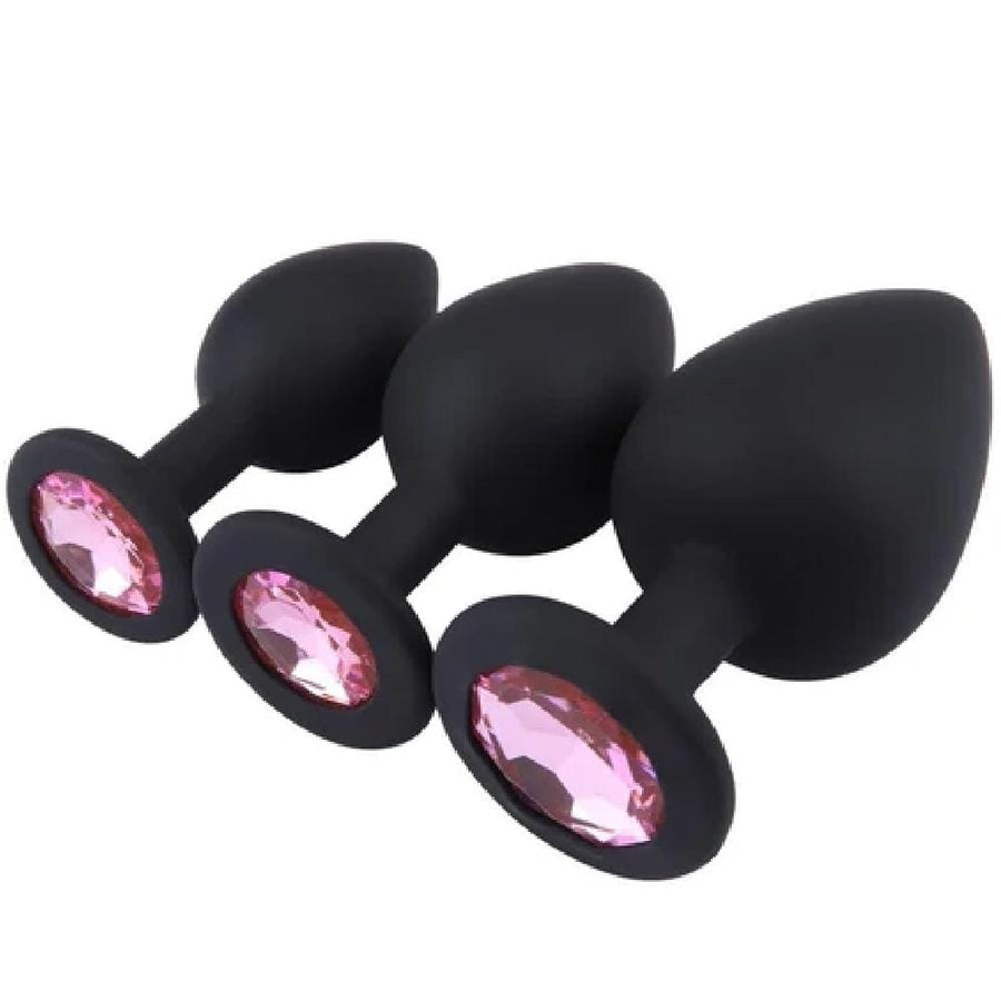 Black Silicone Jeweled Butt Plug Set BDSM, gallery view 2
