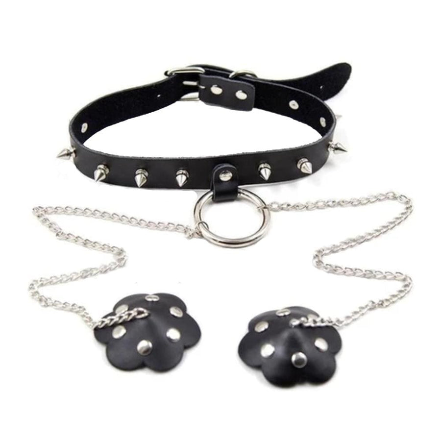 Studded O Ring Choker With Nipple Covers, gallery view 3