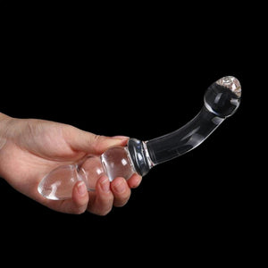 Gode ​​en verre transparent perlé contourné en J BDSM