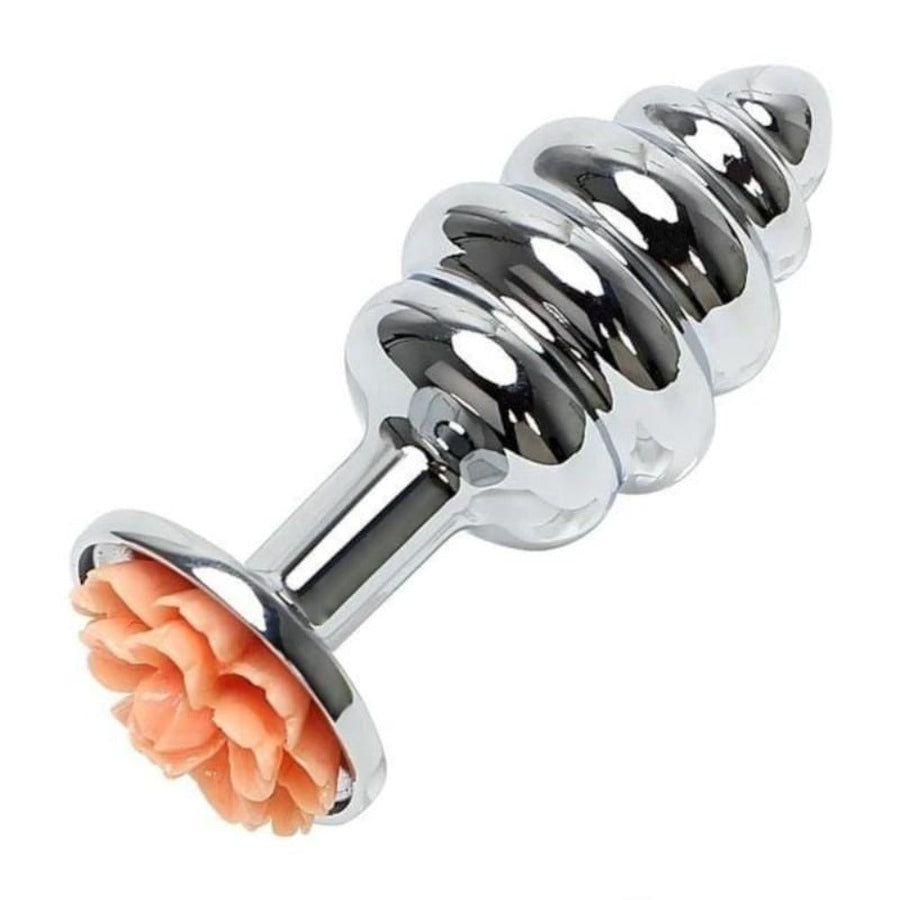 Shiny Ribbed Flower Metal Butt Plug product view